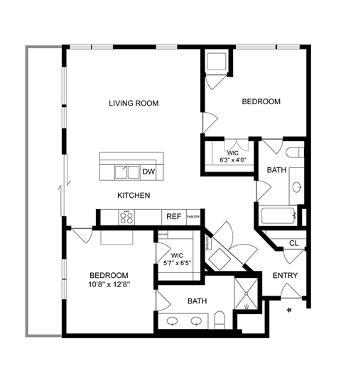 Floor plan for 2 beds, 2 baths, 1099 sqft